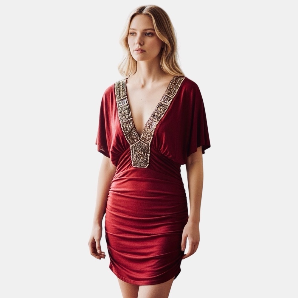 Twenty One Maroon heavy beaded 
Sequin Medallion Party Dress
Y2k Size LG